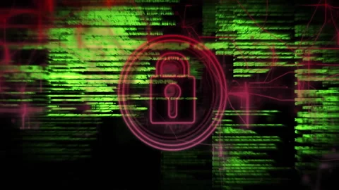 Scrolling green code starting padlock pulsing and outline thickening while Stock Footage 310670901