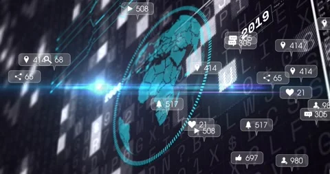 Scrolling grid and flare starting teal globe rotating while badges popping, Stock Footage 321783398