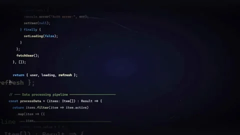 Scrolling Javascript React Code on Dark Screen with Blue Digital Light Leaks Stock Footage 336777709