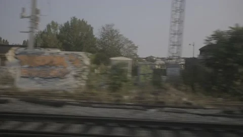 A scrolling landscape from inside a train,  4K, F-log Stock Footage 139173349