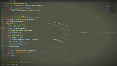 Scrolling lines of complex computer programming code on a dark screen with Stock Footage 339952361