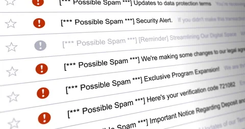 Scrolling list of emails marked as possible spam, undesirable mail Video stock 279888050