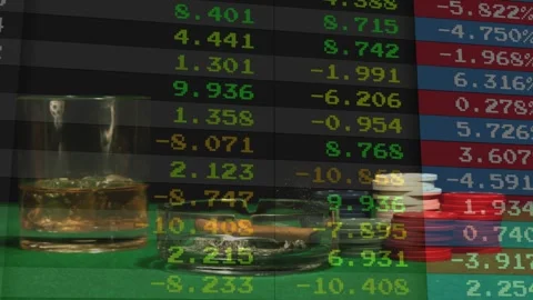 Scrolling market data over green-felt tabletop, ashtray with lit cigar ash Stock Footage 330330705