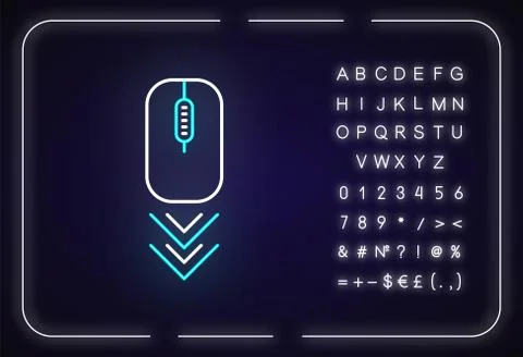 Scrolling mouse neon light icon. Internet page browsing gesture, down arrowhe Stock Illustration