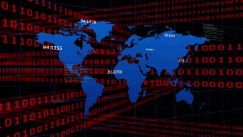 Scrolling red binary starting grid appearing, blue world map fading, labels Video stock 315788864