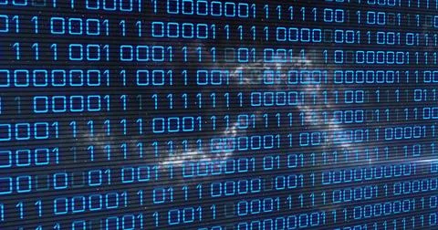 Scrolling rows of blue binary digits filling ribbed virtual display at data hub, 스톡 일러스트