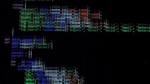 Scrolling source code on dark screen. Glitchy programming text moves across.. 스톡 동영상 334723568