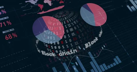 Scrolling table starting binary sphere rotating wrapping Blockchain text 스톡 동영상 310282667