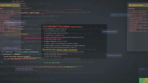 Scrolling through complex computer programming code on a dark themed software Vidéo 340217723
