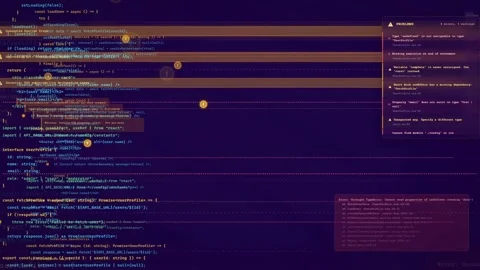 Scrolling through complex computer source code on a dark themed integrated Vidéo 340217923