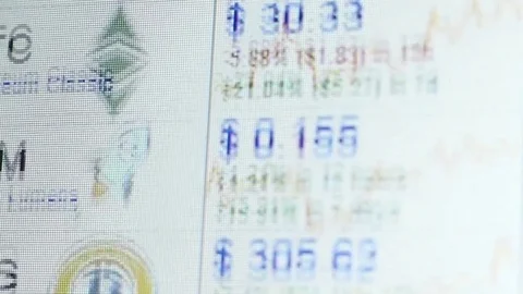 Scrolling through cryptocurrencies exchange rates. Digital money prices. Stock Footage 83459095