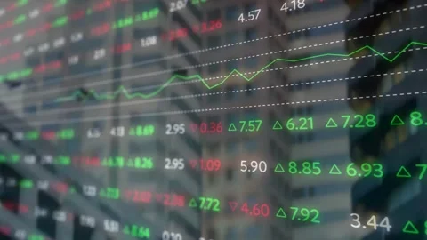 Scrolling ticker overlay across glass facade at downtown, with numbers, green Stock Footage 332504680