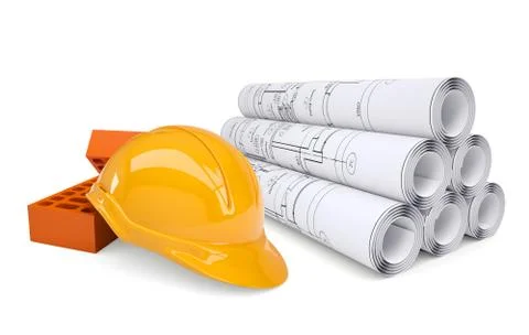 Scrolls of architectural drawings and building bricks with helmet Ilustración de archivo