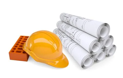 Scrolls of architectural drawings and building brick with helmet Ilustración de archivo
