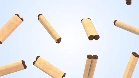 Scrolls Falling on a Light Blue Background. Vintage Scroll 3D Animation. 4K Stock Footage 303436985