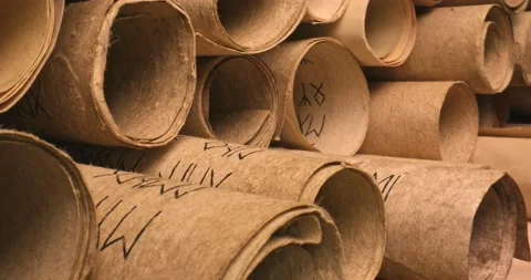 Scrolls stacked on a pile. Medieval manuscripts library. Stock Footage 162539084
