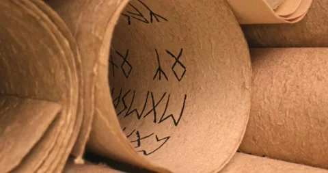 Scrolls stacked on a pile. Medieval manuscripts library. Stock Footage 164028803