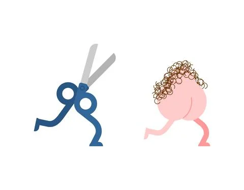Scrotum and scissors. Castration concept cartoon illustration. balls run from Stock Illustration