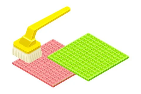 Scrub Brush with Handle Cleansing Mat as Household Cleaning Equipments Isometric Stock Illustration