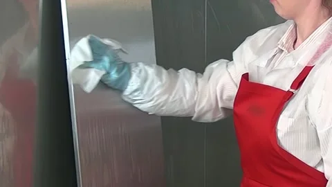 Scrubbing Stainless Steel Elevator Doors Clean in a Building Stock Footage 320138239