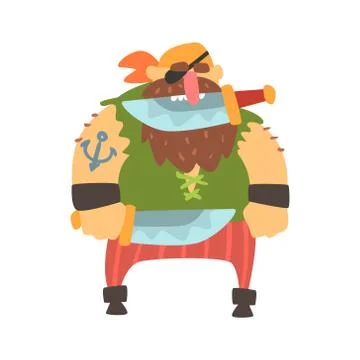 Scruffy Pirate With Eye Patch And Bandana Holding Knife In Teeth, Filibuster Cut Stock Illustration