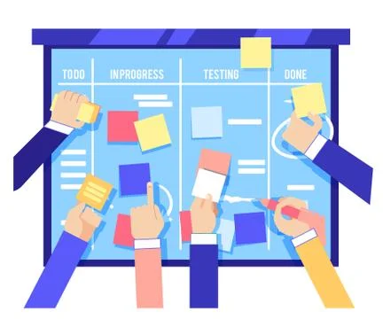 Scrum board concept with human hands sticking colorful papers and writing tasks Stock Illustration