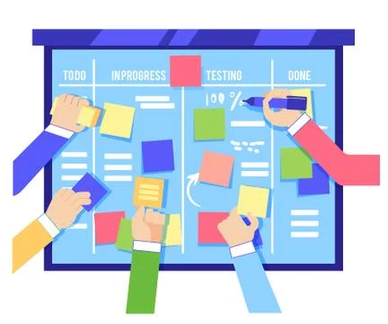 Scrum board concept with human hands sticking colorful papers and writing tasks Stock Illustration