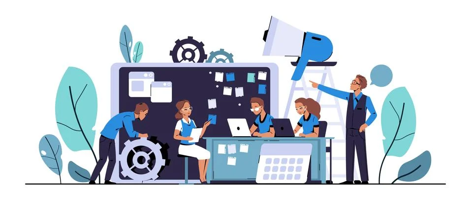 Scrum development. Agile board methodology. Characters planning business Stock Illustration