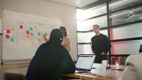 Scrum master having a meting with her team in a tech company Stock Footage 224398381