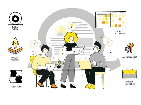 Scrum methodology for marketing design, flat vector illustration. Stock Illustration