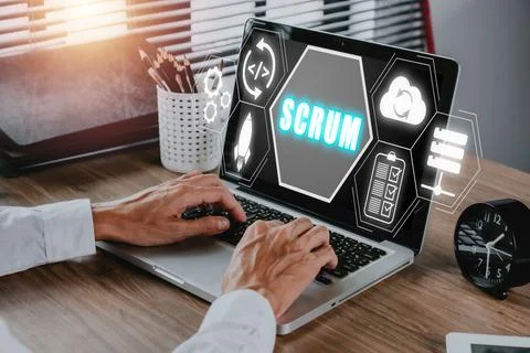 SCRUM, Person hand using laptop computer with SCRUM icon on VR screen, Agil.. 스톡 사진