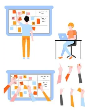 Scrum planning of teamwork on software development set in flat style. Stock Illustration