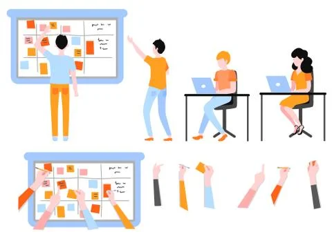 Scrum planning of teamwork on software development set isolated on white Stock Illustration