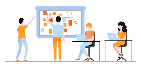 Scrum planning of teamwork on software development isolated on white background. Illustrazione stock