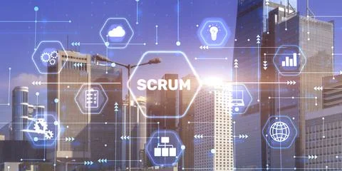 Scrum process software development outline concept. City background Foto stock