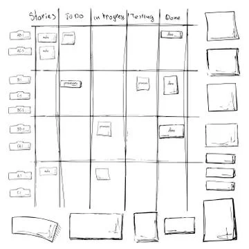 Scrum task board. Agile process in whiteboard table with sticky notes. 스톡 일러스트