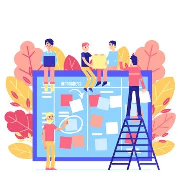 Scrum task board - big agile organizer with people sticking papers on it. イラスト素材