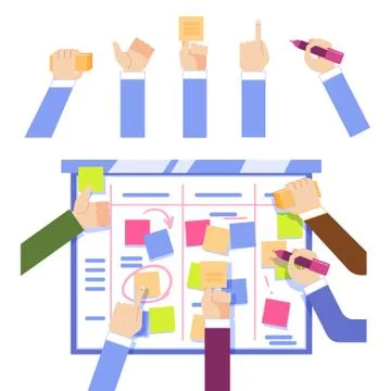 Scrum task board concept with human hands sticking colorful papers and writing イラスト素材