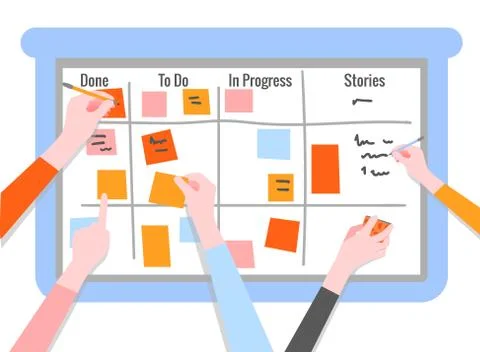 Scrum task board concept with human hands holding colorful sticky papers and Stock Illustration