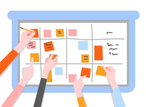 Scrum task board concept with human hands holding colorful sticky papers and Illustrazione stock