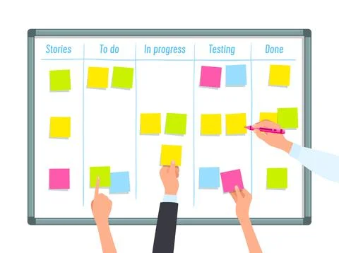 Scrum task board with hands, project management Stockillustratie