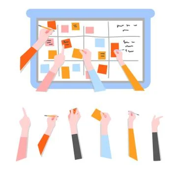 Scrum task board set with human hands holding colorful sticky papers and markers Illustrazione stock