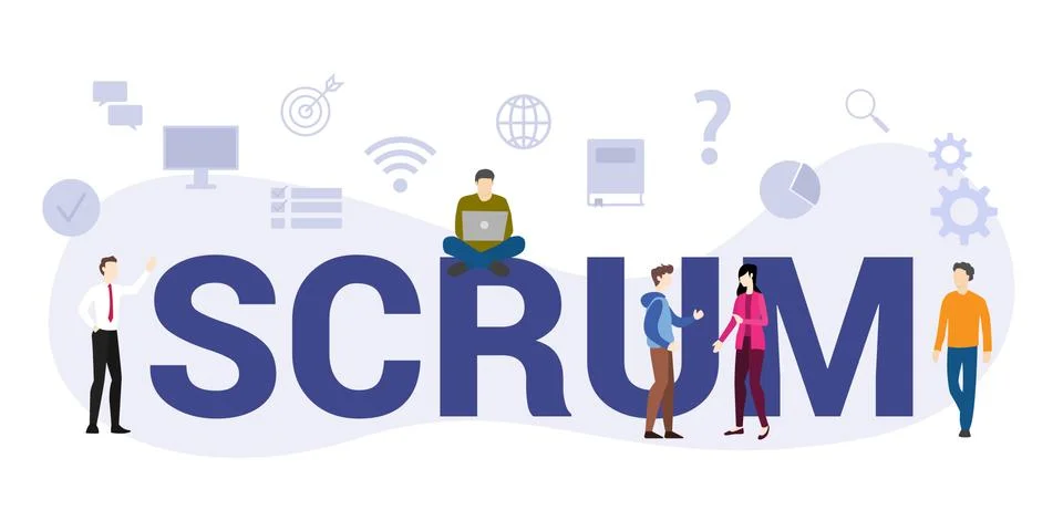 Scrum workflow methodology concept with big word or text and team people with Illustrazione stock
