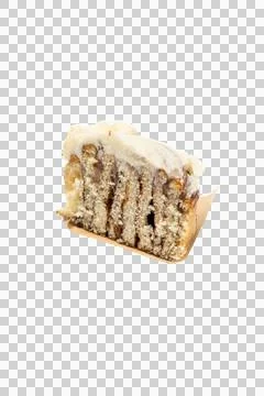 A scrumptious slice of cinnamon roll cake featuring layers of soft dough and Stock Photos