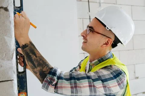 Scrupulous construction engineer in a white helmet making marks on the wall Stock Photos