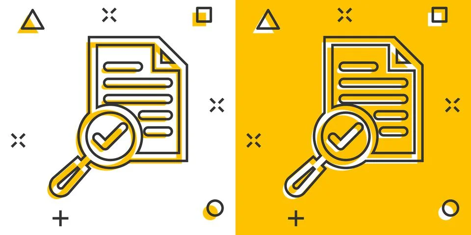 Scrutiny document plan icon in comic style. Review statement vector cartoon i Stock Illustration