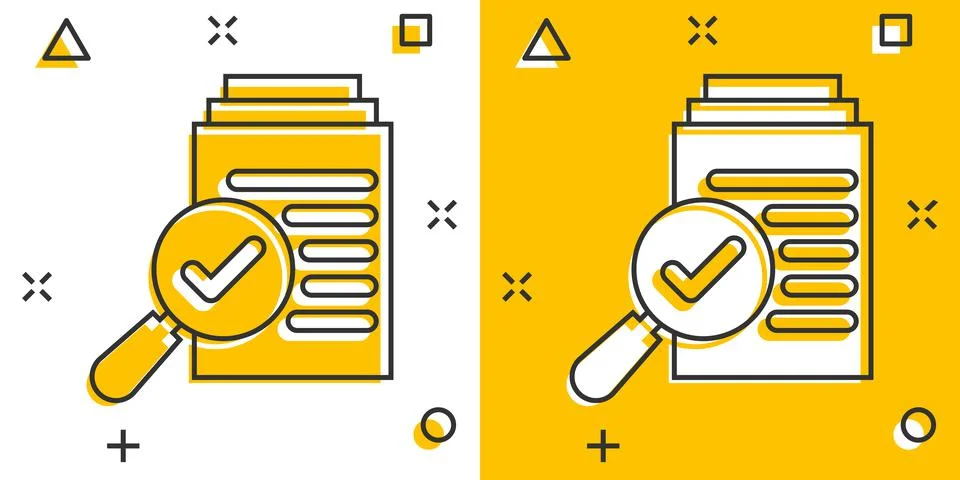 Scrutiny document plan icon in comic style. Review statement vector cartoon i Stock Illustration