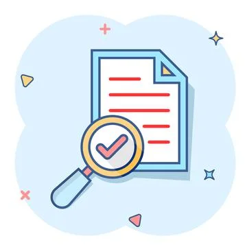 Scrutiny document plan icon in comic style. Review statement vector cartoon i Illustrazione stock