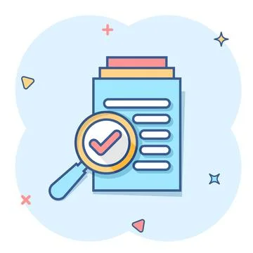 Scrutiny document plan icon in comic style. Review statement vector cartoon i Illustrazione stock