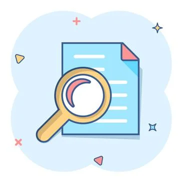 Scrutiny document plan icon in comic style. Review statement vector cartoon i Stock Illustration